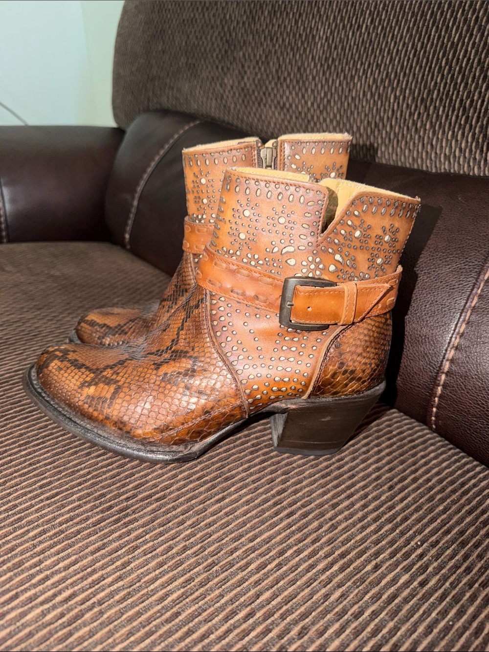 J.B. Dillon Reserve Boots Brown Snake Python Buckle Strap Ankle Bootie